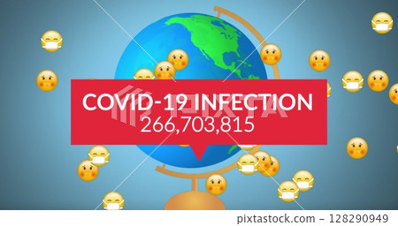 Image of covid-19 infections with numbers growing with emojis in face masks and globe 128290949