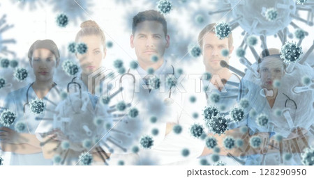 Image of 3d covid 19 cells floating over portrait of group of doctors 128290950