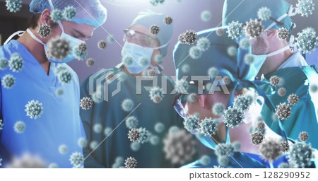 Image of 3d covid 19 cells floating over doctors wearing face masks 128290952