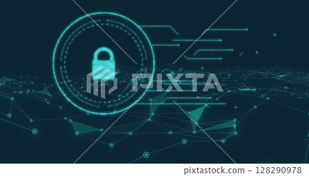 Image of flickering online security padlock over network of connections Image of flickering online security padlock over network of connections 128290978