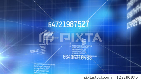 Image of numbers changing data processing against grid Image of numbers changing data processing against grid 128290979