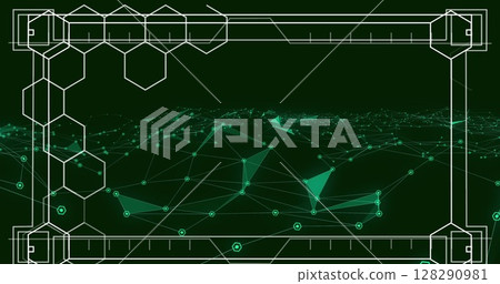 Image of screen with hexagons and network of connections over green background 128290981