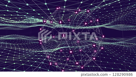 Image of globe of network of connections with multiple icons over waving mesh 128290986