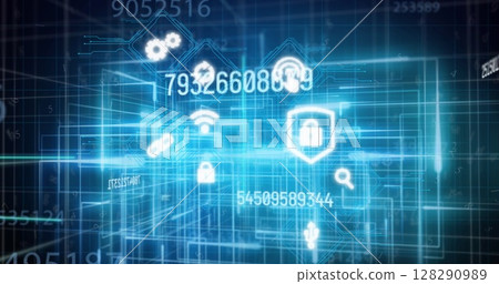 Image of numbers changing data processing over digital icons and glowing lines 128290989