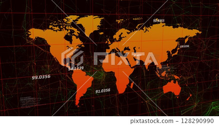 Image of numbers changing data processing over world map and grid 128290990