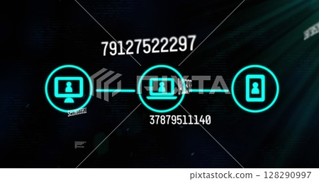 Image of three digital interface icons, data processing and numbers changing Image of three digital interface icons, data processing and numbers changing 128290997