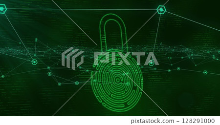 Image of green online security padlock over network of connections on green background Image of green online security padlock over network of connections on green background 128291000