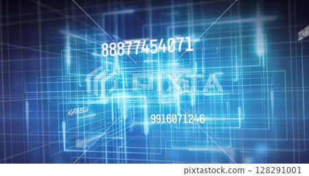 Image of numbers changing and data processing over glowing grid Image of numbers changing and data processing over glowing grid 128291001