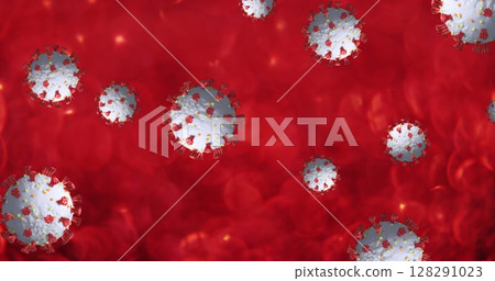 Image of covid 19 cells floating over multiple red blood cells in background Image of covid 19 cells floating over multiple red blood cells in background 128291023