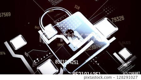 Image of online security padlock over number changing and data processing Image of online security padlock over number changing and data processing 128291027