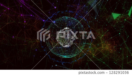 Image of globe of network of connections with glowing lines 128291036