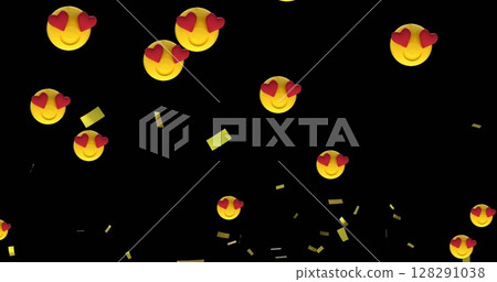 Image of gold falling over emojis with red heart eyes on black background 128291038