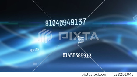 Image of numbers changing and data processing over glowing blue lines 128291043