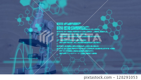 Image of medical data processing and chemical compound structures with microscope in the background 128291053