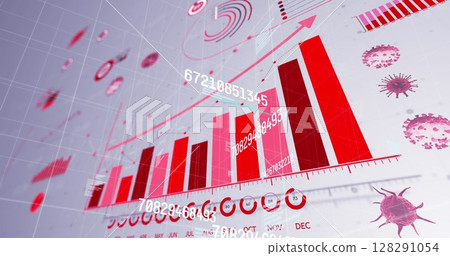 Image of multiple changing numbers floating against statistical data processing on grey background 128291054