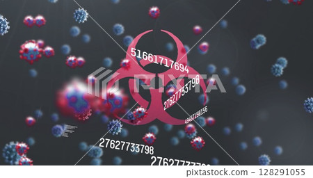 Digital image of multiple changing numbers floating over cells against biohazard symbol 128291055
