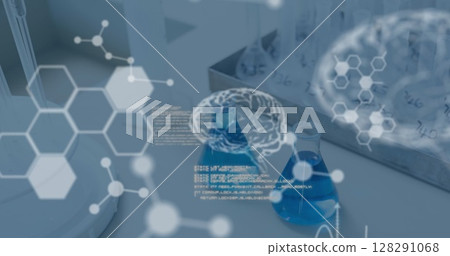 Image of data processing and human brains against beakers with blue liquid 128291068