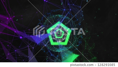 Green concentric hexagons on 3d structure in sphere with purplel shapes floating on black background 128291085