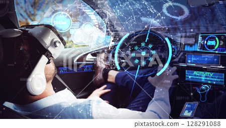 Image of digital icons over businessman wearing vr headset in self driving car Image of digital icons over businessman wearing vr headset in self driving car 128291088