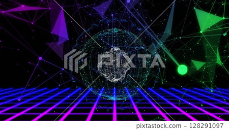 3d structure turning in sphere purple and green shapes floating with blue grid moving below 128291097