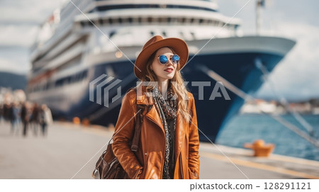 Stylish woman in brown leather jacket and hat enjoying a day by the waterfront with a cruise ship Stylish woman in brown leather jacket and hat enjoying a day by the waterfront with a cruise ship 128291121