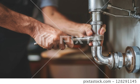 Plumber repairing sink pipe with wrench during leak fix and drain maintenance in residential setting 128291145