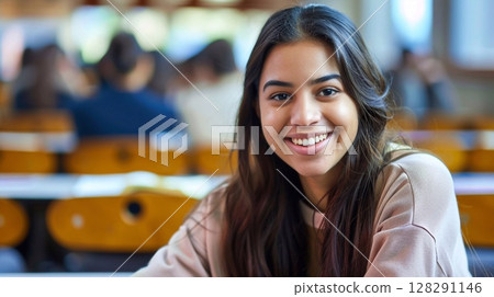 Beaming College Student Girl Relaxing in the Auditorium 128291146