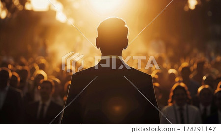 Speaker Addressing a Crowd: Man in Front of an Audience in a Hall Speaker Addressing a Crowd: Man in Front of an Audience in a Hall 128291147