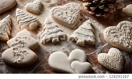 Decorative holiday cookies arranged on a wooden surface with powdered sugar and pine cones 128291167