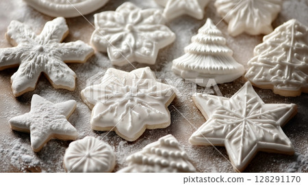 Decorative white cookies shaped like snowflakes and Christmas trees on a wooden surface with flour 128291170