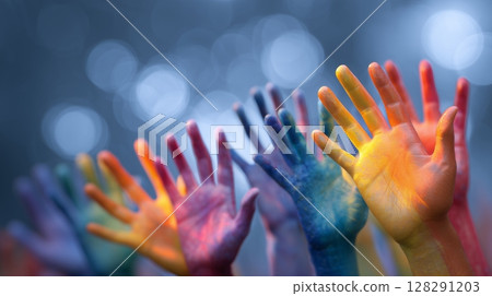 Brightly colored hands reach out in celebration of unity and creativity during a vibrant community festival 128291203