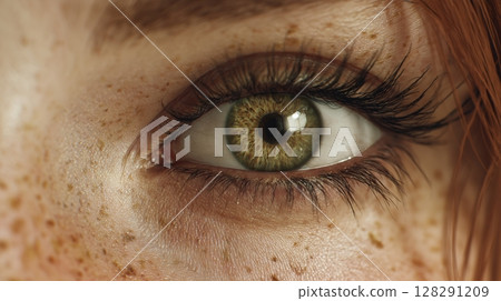 Portrait of a person with striking green eyes and freckles during natural light illumination 128291209
