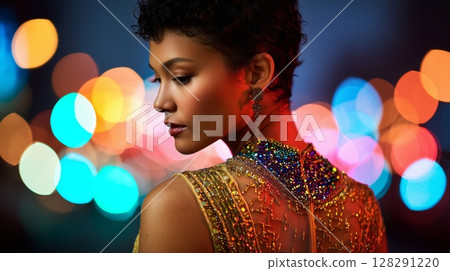 Elegant woman with short curly hair, wearing a shimmering gold dress, poses gracefully against a vibrant bokeh background, showcasing beauty and sophistication in a nighttime setting 128291220