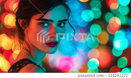 Young woman with dark hair and striking features poses against a vibrant bokeh background, showcasing colorful lights that create a festive and enchanting atmosphere 128291222