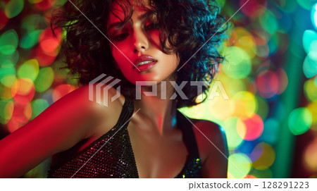 Young woman with curly hair wearing a sparkling top poses against a vibrant bokeh background, showcasing a glamorous and energetic atmosphere in a colorful setting 128291223