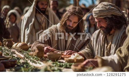 Biblical reenactment of a communal meal depicting the resurrection and forgiveness during Easter celebrations Biblical reenactment of a communal meal depicting the resurrection and forgiveness during Easter celebrations 128291275