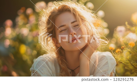 Young woman enjoys sunshine in a garden, practicing mindfulness and embracing wellness through natural vitamin D 128291276