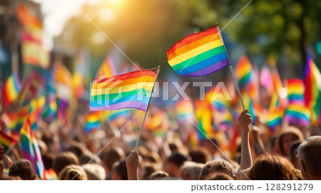 Vibrant gay pride event celebrates diversity with enthusiastic crowd waving rainbow flags Vibrant gay pride event celebrates diversity with enthusiastic crowd waving rainbow flags 128291279