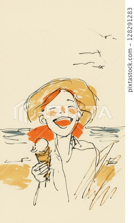 Girl with freckles joyfully enjoying melting ice cream cone by the beach on a sunny day 128291283