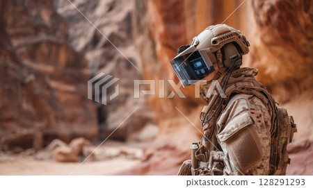 Soldier utilizes augmented reality technology in a desert environment during military operations 128291293