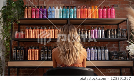 Woman with styled blonde hair seated before an array of colorful hair care products in a modern salon setting 128291297