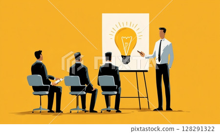 Business presentation illustration featuring a speaker in a suit presenting an idea to an audience with a light bulb graphic 128291322