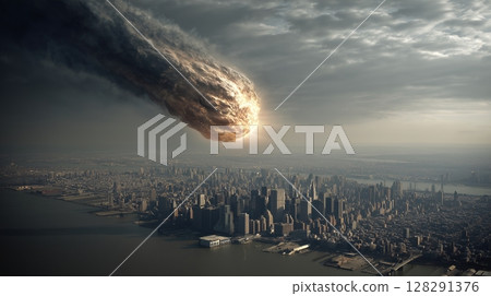 Giant rocky comet hurtles towards city skyline overlooking river under dark stormy clouds 128291376