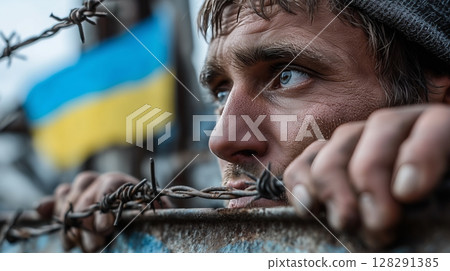 Ukraine's fight for freedom as a man gazes resolutely through barbed wire near national flag 128291385