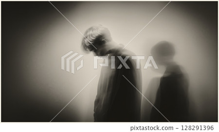 Ghostly reflection capturing torment and sorrow in a dimly lit, monochrome environment 128291396