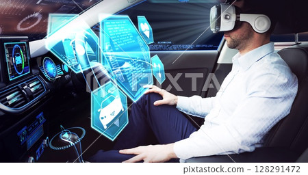 Image of icons over businessman wearing vr headset in self driving car Image of icons over businessman wearing vr headset in self driving car 128291472