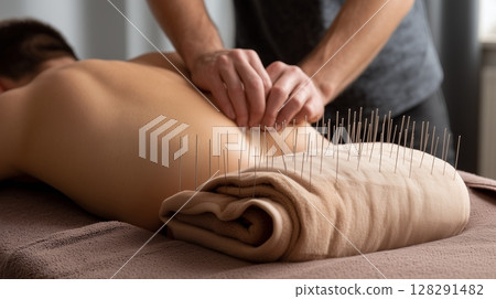 Relaxation and pain relief through acupuncture massage on a needle mat 128291482