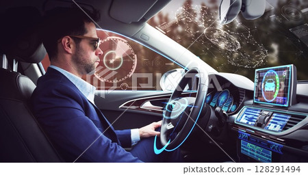 Image of digital interface over businessman in self-driving car Image of digital interface over businessman in self-driving car 128291494
