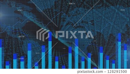 Image of statistics and lines recording over world map and numbers changing Image of statistics and lines recording over world map and numbers changing 128291500