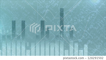 Image of statistics and lines recording over mathematical equations Image of statistics and lines recording over mathematical equations 128291502